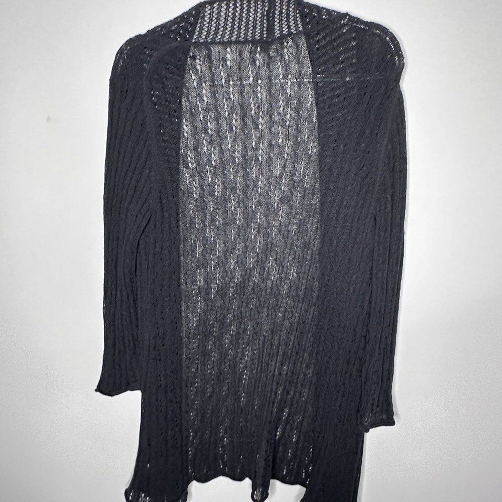 Linen Blend Cardigan Beach Sweater Boho Coldwater Creek M 10/12 Black Open Knit